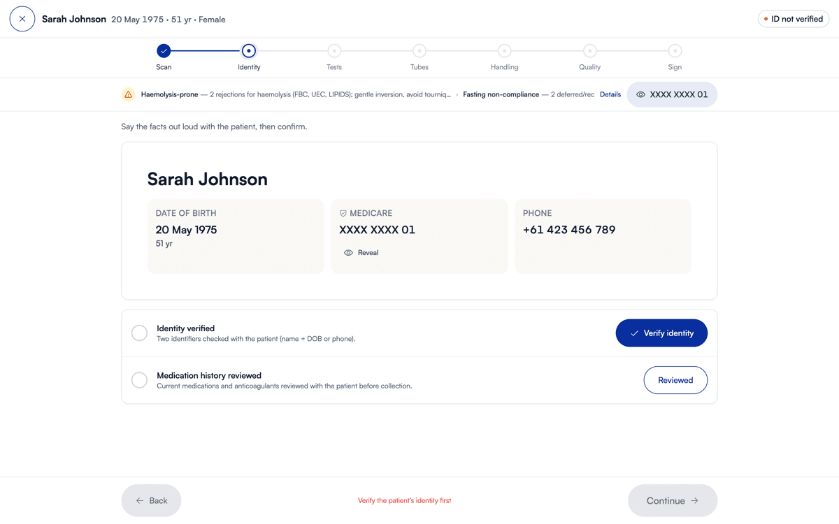 Guided collection workflow with identity verification, tube plan and quality checklist